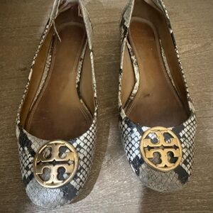 Tory Burch Black and White Snake-Print Logo Ballet Flats